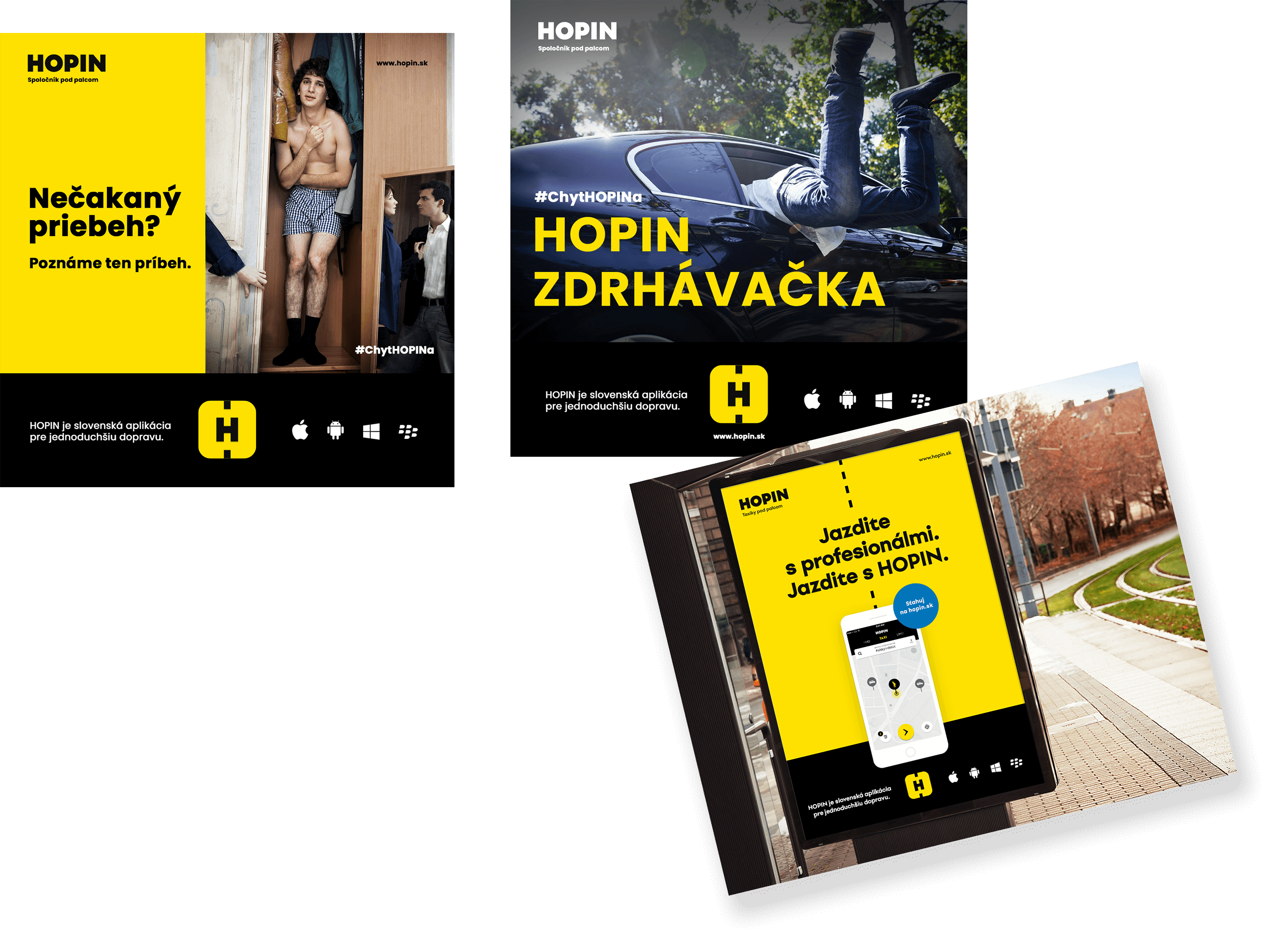 Reklamné kampane pre aplikáciu HOPIN s dôrazom na kreativitu, pozitívne emócie a podporu značky, s vizuálmi predstavujúcimi vtipné situácie a profesionálnu dopravu.