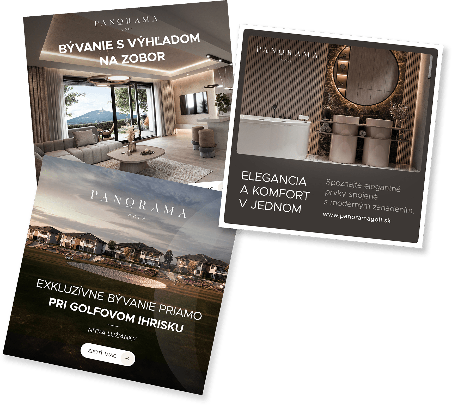 Reklamné kampane pre projekt Panorama Golf ukazuje bývanie pri golfovom ihrisku s výhľadom na Zobor, moderný interiér obývačky a elegantná kúpeľňa spájajúca komfort s dizajnom.